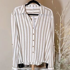 💙NWTJane +Delancy L Striped tan/brown ivory slightly puckered w/roll tab sleeves